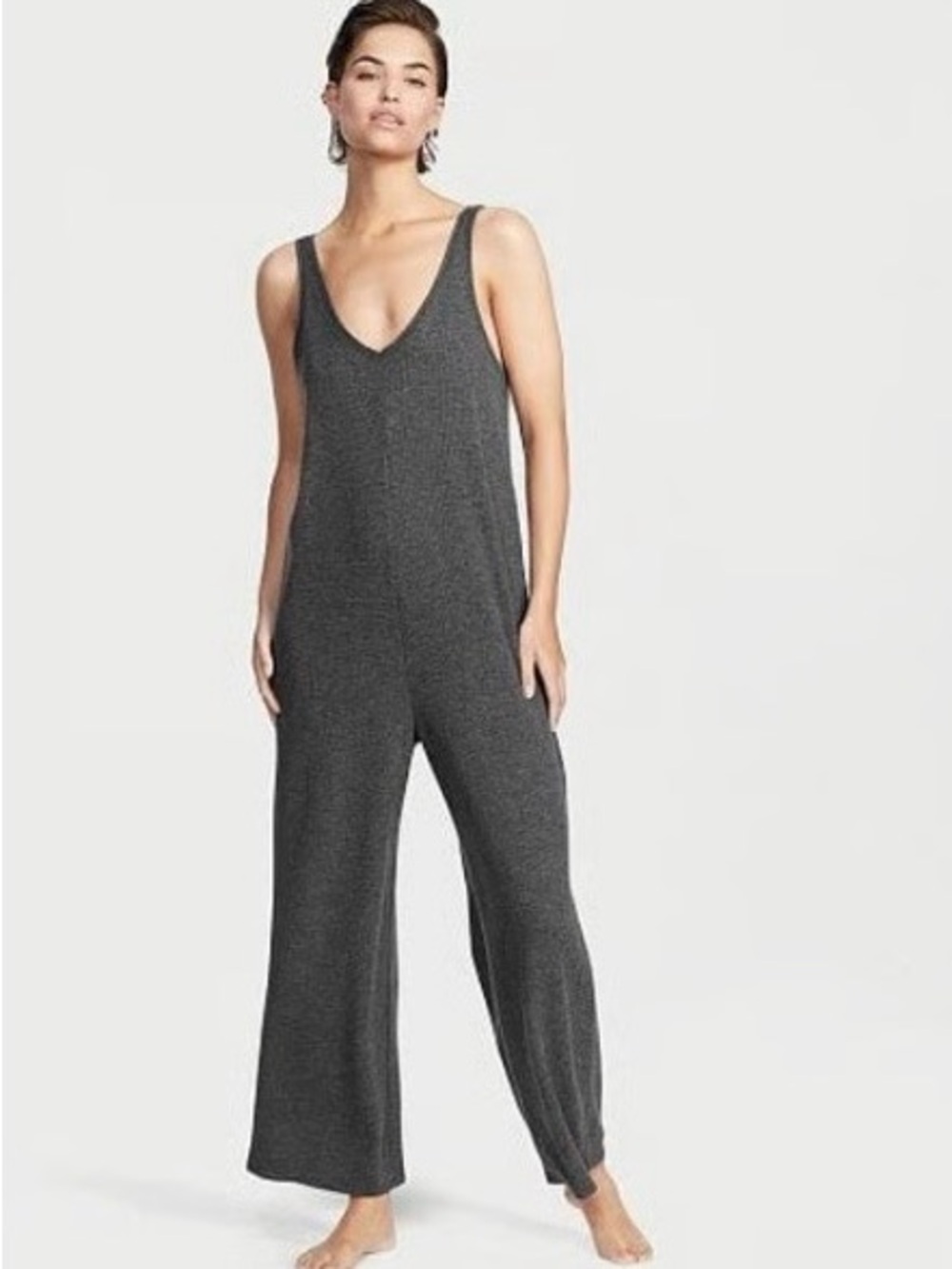 Victoria Secret Glow Waffle Charcoal Wide-Leg Sleeveless Jumpsuit (Large)